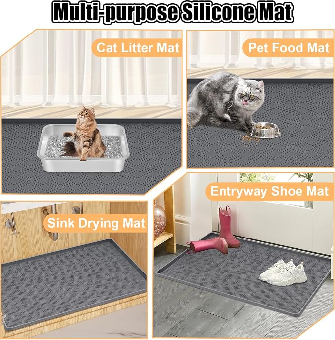 Silicone Cat Litter Mat 42" x 29" Cat Mat for Litter Box, Dark Grey | Extra Large Cat Litter Trapping Mat for Floor, Waterproof, Non-Slip Kitty Litter Box Mat with Raised Edge, Easy to Clean
