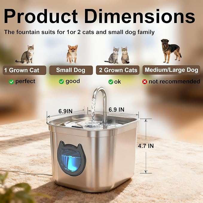 Homtyler Luxury Automatic Cat Water Fountain for Pets, 2.2L/74oz Stainless Steel Dog Water Dispenser with Filter, BPA Free & Silent, Featuring LED Light, Easy Clean & Cat View Window Black