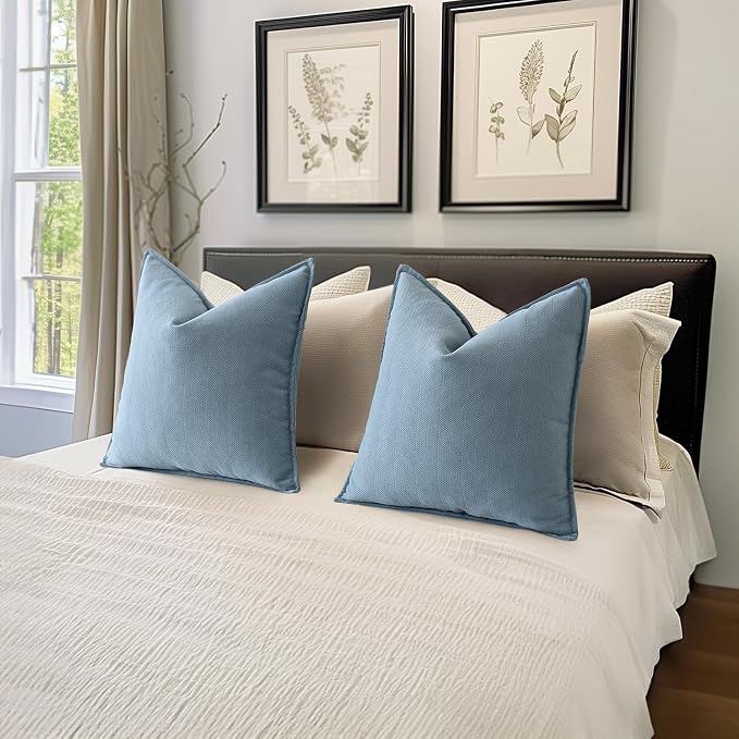 MIULEE Pack of 2 Light Blue Euro Shams Chenille Pillow Covers 24x24 Inch | Decorative Soft Couch Throw Pillows,Farmhouse Cushion Covers,Elegant Design for Sofa,Bed,Living Room,Summer Decor