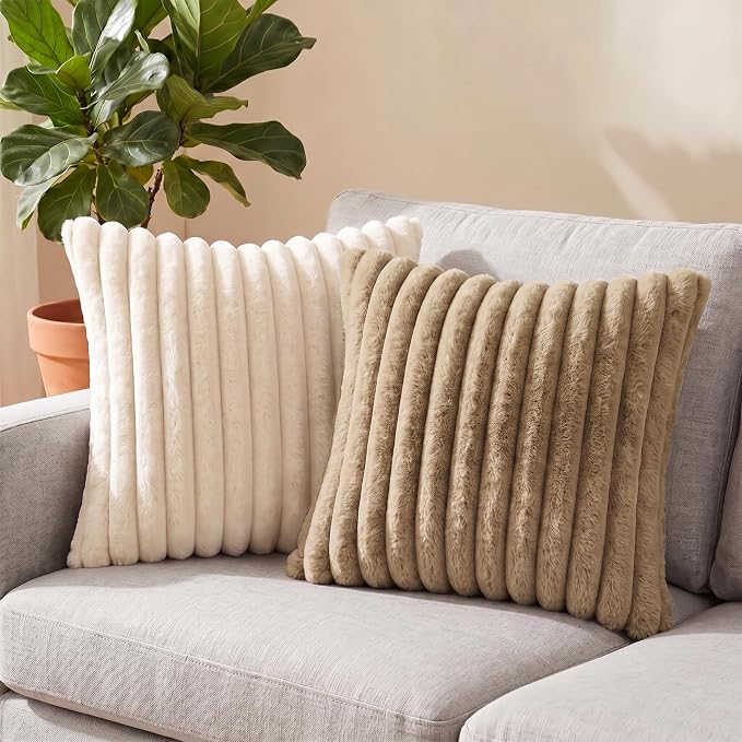 Pack of 2 Throw Pillow Covers 18x18 Decorative Solid Plush Faux Fur with Soft Velvet Back, Square Striped Cushion Cases Modern Farmhouse Home Decor for Living Room Couch Sofa Bed Khaki