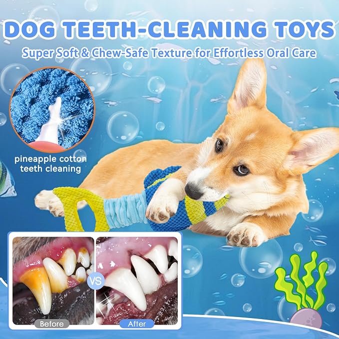 YZHDUXIU Fish Dog Squeak Toys, Elastic Band Tug of War Dog Toy with Crinkle