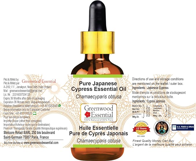 Greenwood Essential Japanese Cypress Essential Oil (Chamaecyparis obtusa) with Glass Dropper | Pure | Non-Sticky | Non-Greasy | Lightweight | Unisex | All Skin Types | Steam Distilled 10ml (0.33 oz)