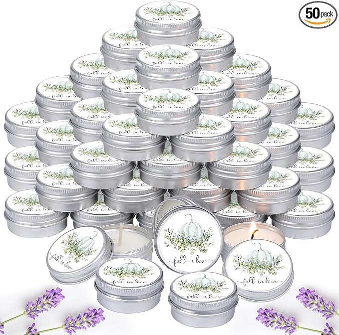 MTLEE 50 Pcs Fall in Love Wedding Candles Gift Favors for Guests 1 oz Blue Pumpkin Lavender Scented Soy Wax Aromatherapy Candle Favors for Fall Bridal Shower Rustic Wedding Party Guests