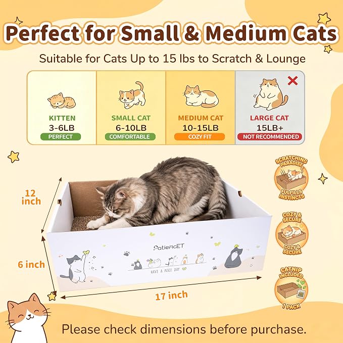 PatiencET Cat Scratch Pad with Box, Corrugated Cardboard Scratcher | Raised edges, less mess, cozy lounge, furniture protection, double-sided scratch surface, replaceable design, catnip included