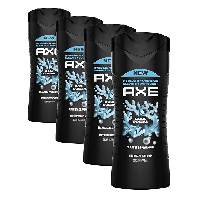 AXE Cool Ocean Men's Body Wash With Essential Oils 12H Refreshing Scent Body Wash For Men,Clean and Fresh Scent 16 oz,(Pack of 4)