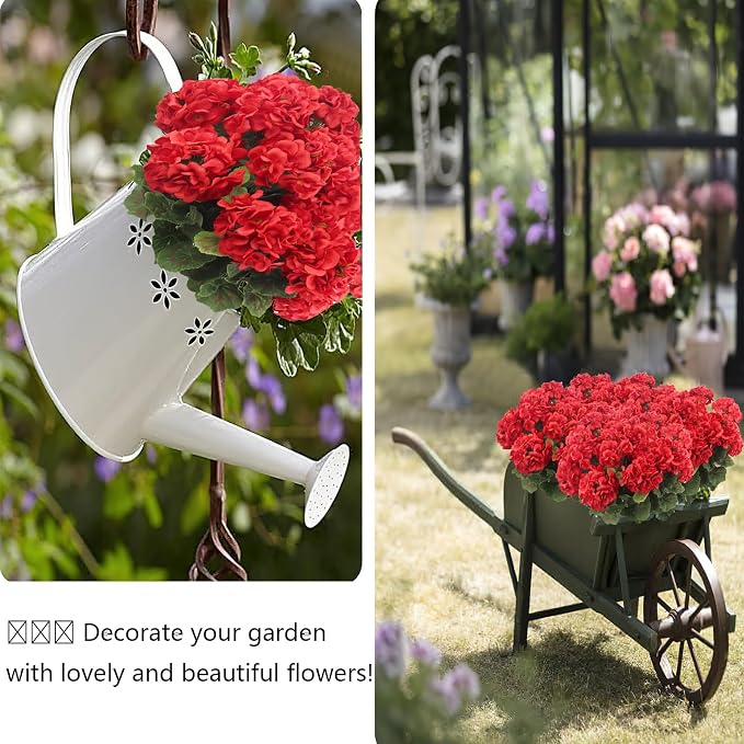 CISDUEO 4 Pcs Artificial Geraniums for Outdoors Silk Flowers Outside Red | Faux Flowers Geraniums for Outdoor Planter Floral Home Decor Indoor Garden Patio Grave Cemetary Vase Table Centerpiece