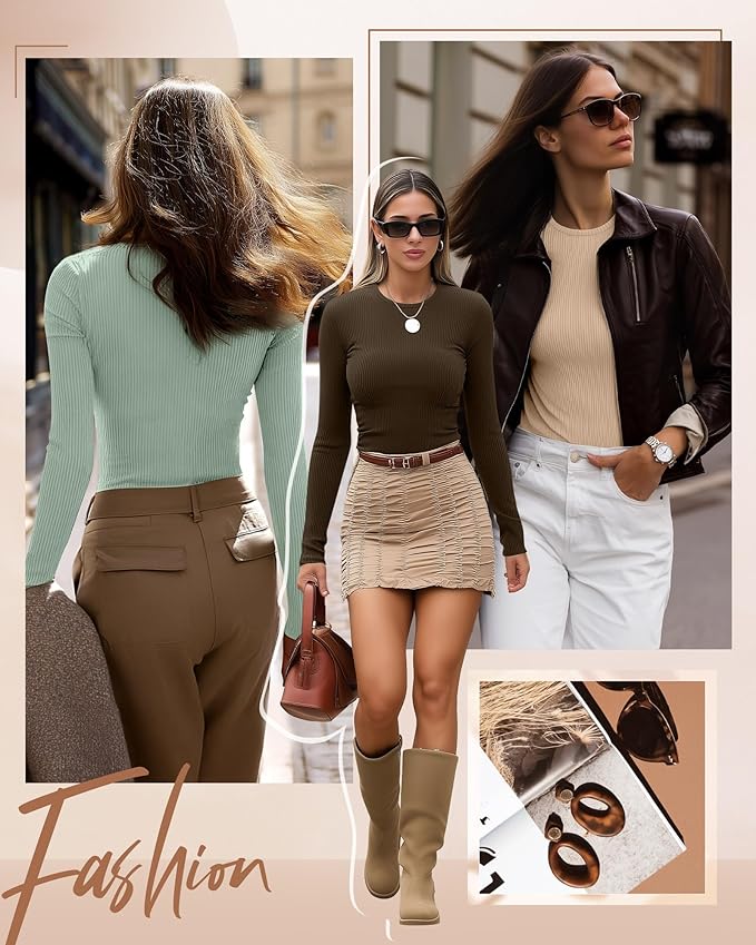 Ficerd 3 Pack Women's Ribbed Long Sleeve Tops, Crew Neck Slim Fit Undershirts Knit Basic Casual Stretch Layering Tee Shirts