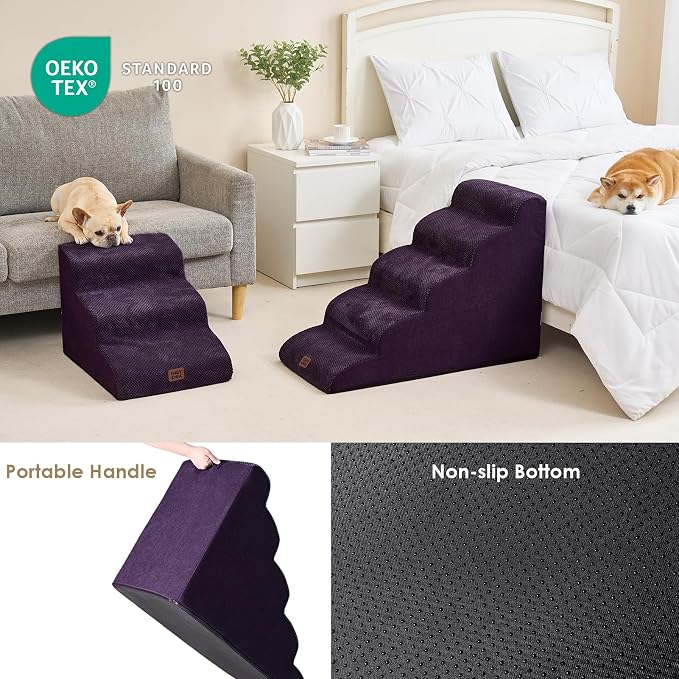 EHEYCIGA Curved Dog Stairs Ramp, 3-Step Dog Steps, 15.7" H Pet Step | 33D density of pure foam, for Small Dogs and Cats, Pet Stairs for High Bed Climbing, Non-Slip Balanced Indoor, Purple