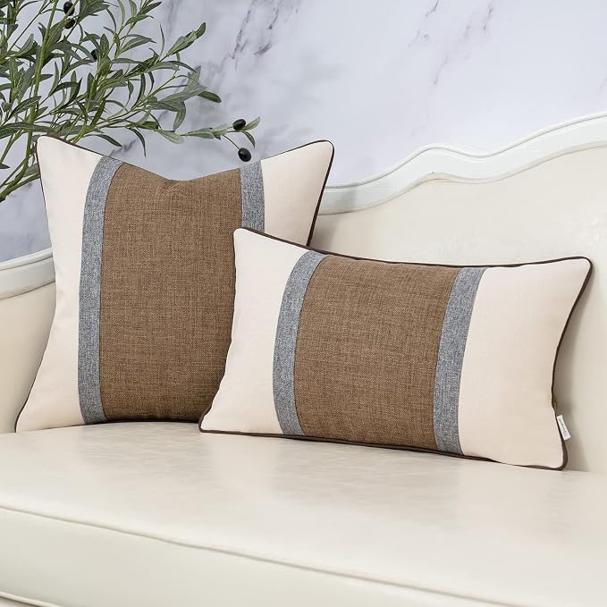 Patchwork Pillow Cover 20x20 Inch Luxury Cotton and Linen Cushion Cover Square Pillowcover for Couch Bedroom Living Room, Brown