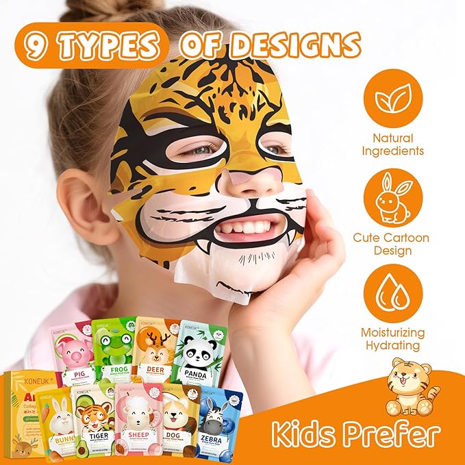 9 Pack Animal Face Masks Skincare for Kids, Bulk Sheet Hydrating Face Mask for Kids Skin Care, Collagen Face Mask for Teens Women, Easter Basket Stuffers, Spa Party Gifts for Teen Girls