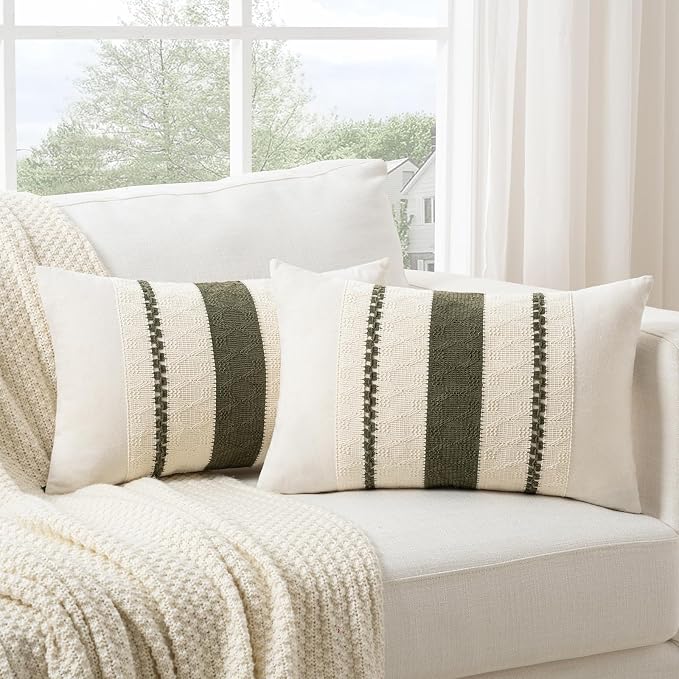 Fancy Homi Set of 2 Boho Olive Green Long Lumbar Decorative Throw Pillow Cover 14x24 Inch for Couch Bed Sofa Chair, Modern Organic Farmhouse Home Decor, Soft Cotton Cute Accent Rectangle Cushion Case