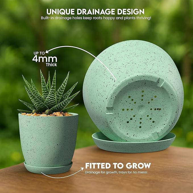 Plant Pots Indoor with Drainage 5 Pack Multi-Size Planters Set Spotty Mint | Drainage holes included Multiple sizes 7/6.6/6/5.3/4.8 In Indoor plants and flowers Durable plastic construction