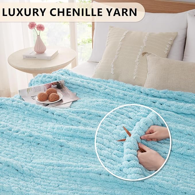 L'AGRATY Chenille Chunky Knit Blanket, Light Blue, 50x60, Heavyweight Throw Blanket for Home Decor | Handmade Chenille Crochet Blanket for Sofa Bed, Thick Cable Knitted Blankets for Room Home Decor, Birthday Gift for Women Mom