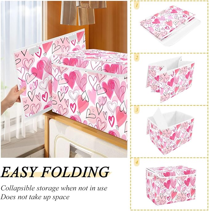 Valentine's Day Storage Bins with Lids and Carrying Handle,Foldable Storage Boxes Organizer Containers Baskets Cube with Cover for Home Bedroom Closet Office