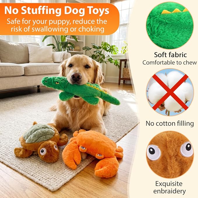 No Stuffing Dog Toys for Puppies, Small & Medium Dogs, 3 Pack Squeaky Crinkle Plush Toys for Teething & Anxiety Relief, Lightweight Interactive Animal Set to Keep Them Busy