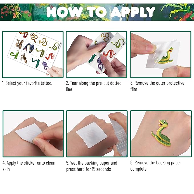 96 PCS Snake Pre-Cut Temporary Tattoos for Kids – Reptile Lizard Theme Birthday Party Favors,Cute Animal Tattoo Stickers for Boys Girls, Classroom Gifts, School Supplies, Prizes and Rewards (Normal)