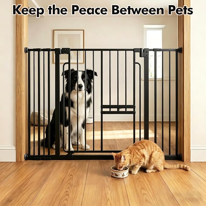 Adjustable Pet Gate 29.5-43“ with Cat Door, Black | U-Shaped Iron Gate, Two Installation Methods, Suitable for Stairs and Doorways