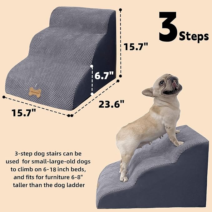 3-Step Pet Stairs for High Beds & Couches, Multi-Step Non-Slip Pet Steps with Balanced Ramp, Indoor 2/3/4/5 Steps for Small Large Cats & Pets, Anti-Slip Stickers Included, 33D Grey