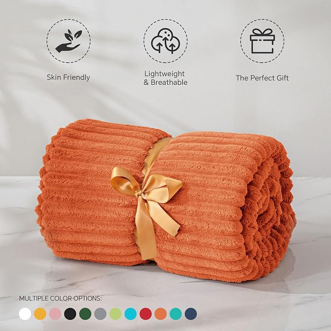 BEDELITE 3D Ribbed Burt Orange Fall Throw Blanket for Couch, 50x60 Inch | Soft Warm Decorative Fluffy Blanket, Cozy Plush Lightweight Fuzzy Throw Blanket for Bed Sofa Room Fall Decor, Gift for Women