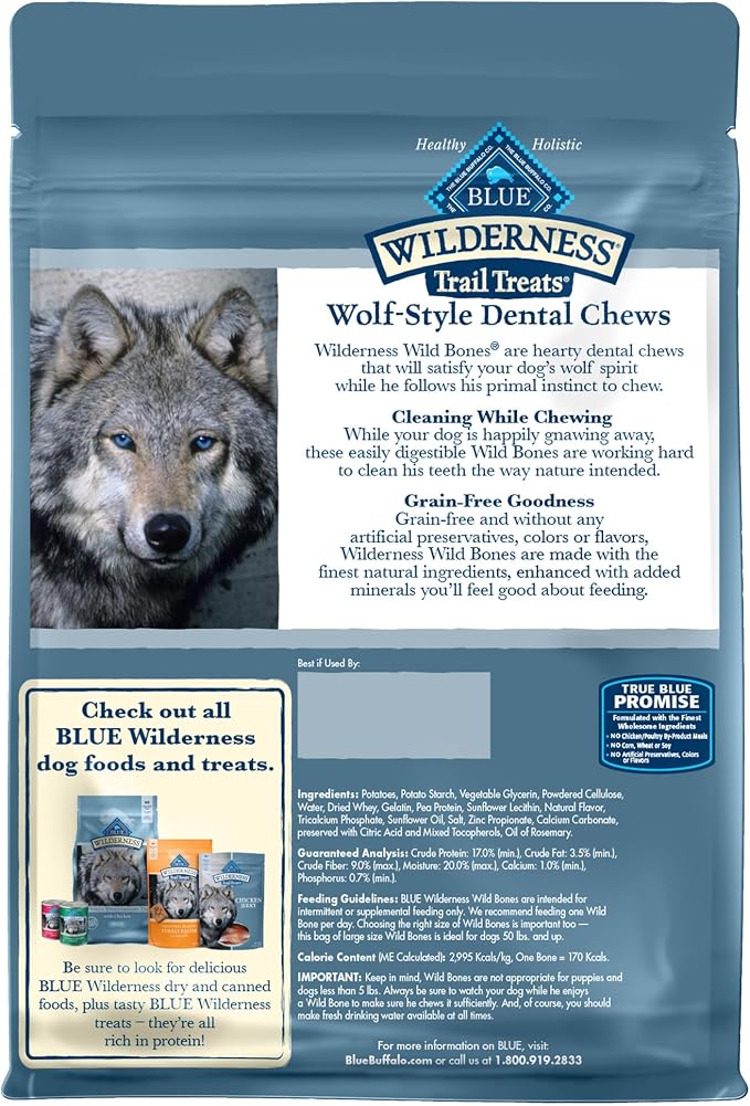 Blue Buffalo Wilderness Large Dog Dental Chews, Grain-Free, 27 oz | Reduces Tartar & Plaque, Freshens Breath, Sized for Dogs 50 lbs. and Up, No Artificial Preservatives