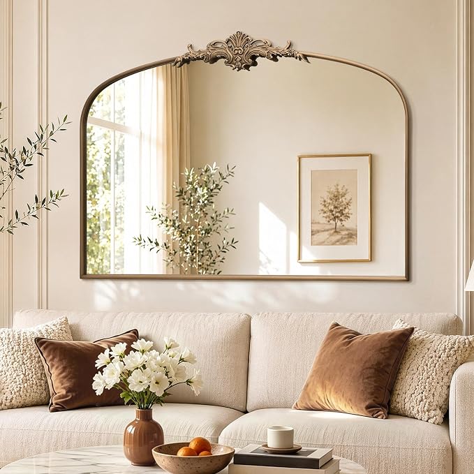Besdomus Antique Arched Gold Mirror: 55"x36" Extra Large Brass Decorative | French Vintage Baroque Ornate Metal Frame for Home Renovation - Ideal for Double Vanity/Entryway/Fireplace Mantel/Living Room