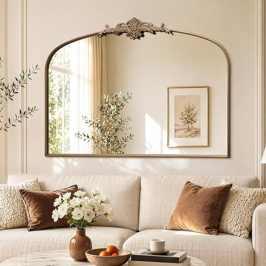 Besdomus Antique Arched Gold Mirror: 55"x36" Extra Large Brass Decorative | French Vintage Baroque Ornate Metal Frame for Home Renovation - Ideal for Double Vanity/Entryway/Fireplace Mantel/Living Room
