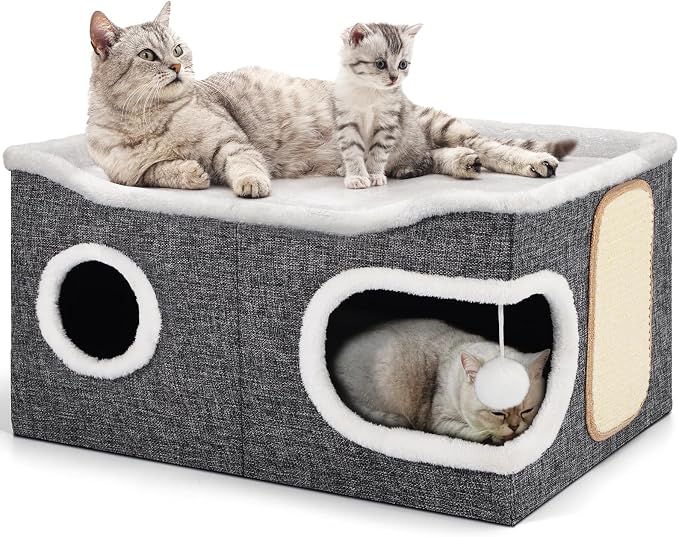 Shikha Extra Large Cat House Bed for Multi Cats with Scratch Pad Grey | 24 x 17.7 x 12.6 IN Widen Cat Cave Cube for Multi Pets, Foldable, Arc-Edge Design, Oval Door, All Seasons Reversible Cushion