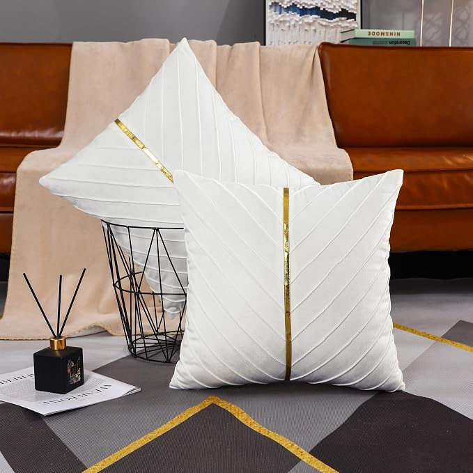 Velvet Throw Pillow Covers 16x16 inch Pack of 2 Gold Decor White | Soft Solid Pillow Covers,Modern Luxury Home Decor,for Couch Chair Sofa Bedroom Livingroom,Hidden Zipper,Ideal Gift,Easy Care