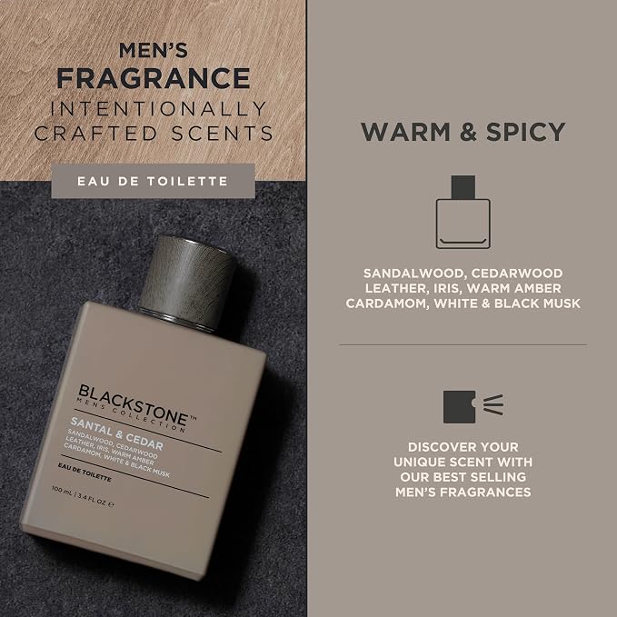 Blackstone Mens Collection Eau de Toilette – Santal & Cedar, | Men’s Fragrance, Warm (3.4 Fl Oz) Men's Grooming 100ml Santal & Cedar Toilette - Turnkey