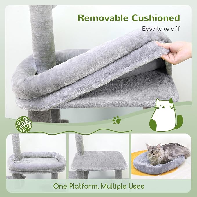 Globlazer Cat Tower for Indoor Adult Cats, 50-inch Heavy Duty Cat Tree House for Big Cats with Extra-Large Padded Platform, Sisal Scratching Board, 2 Large Condos, F50, Light Grey