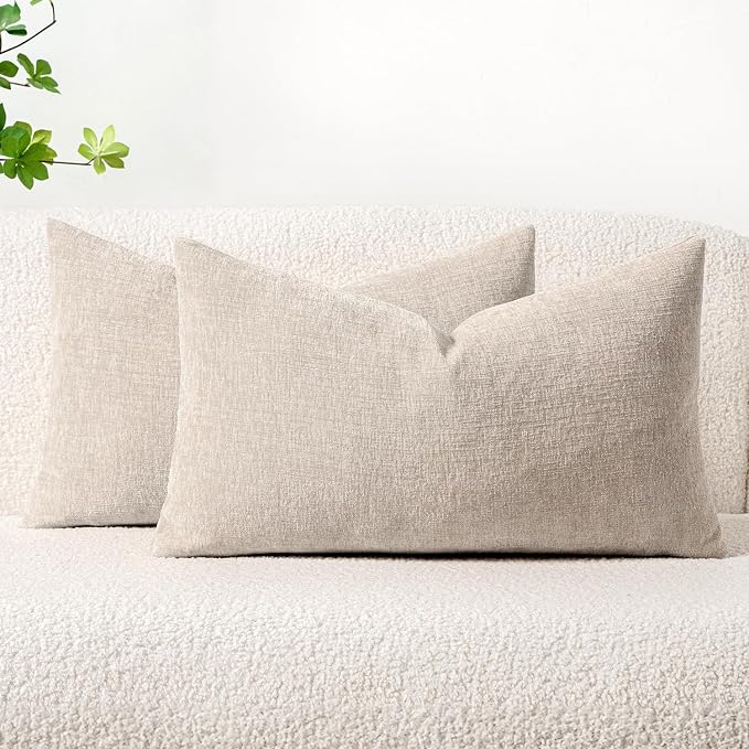 MIULEE Soft Chenille Lumbar Throw Pillow Covers Light Brown 12x20 Inch | Pack of 2, Modern Decor, Classic Decorative Pillows, Solid Dyed Cases, Boho Couch Cushion Covers for Sofa Bed Living Room