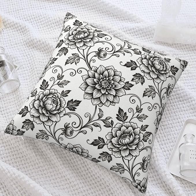 Black White Toile Throw Pillow Covers 18x18 Set of 2 Vintage Floral Decorative Farmhouse Pillow Cases for Couch Home Deco