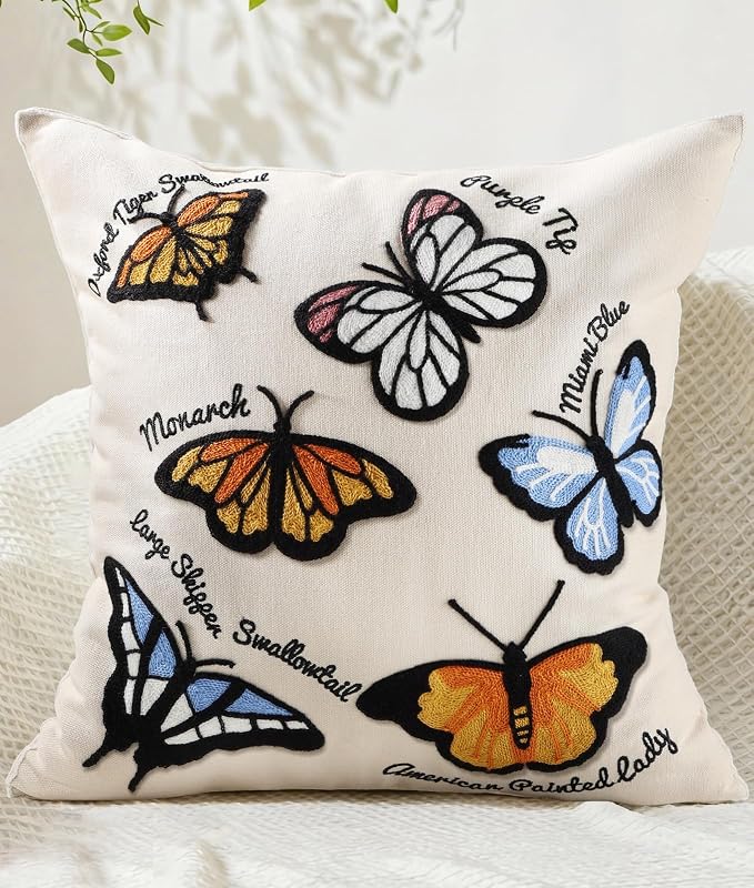 Animal Embroidered Throw Pillow Cover 18x18 Inch, Butterfly | Decorative Pillow Cover, Cottagecore Cushion Cases with Hidden Zipper, Farmhouse Decor for Couch, Sofa, Living Room