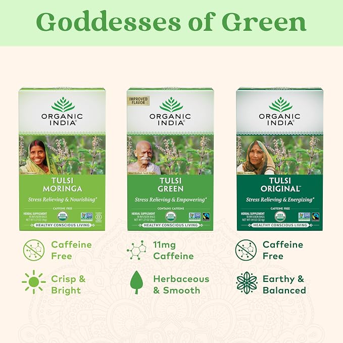 ORGANIC INDIA Tulsi Green Tea Bags - Holy Basil Tea, African Basil, Stress Relieving, Immune Support, USDA Certified Organic, Premium Darjeeling Green Tea, Caffeinated - 18 Infusion Bags, 3 Pack