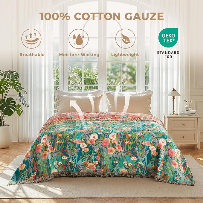 LUTBM Boho Throw Blanket for Bed 60"x80", All Season Cotton Couch Blankets | Reversible Floral Jacquard, Summer Lightweight Breathable Muslin Twin Quilt, For Chair Sofa Bedroom Living Room, Home Decor