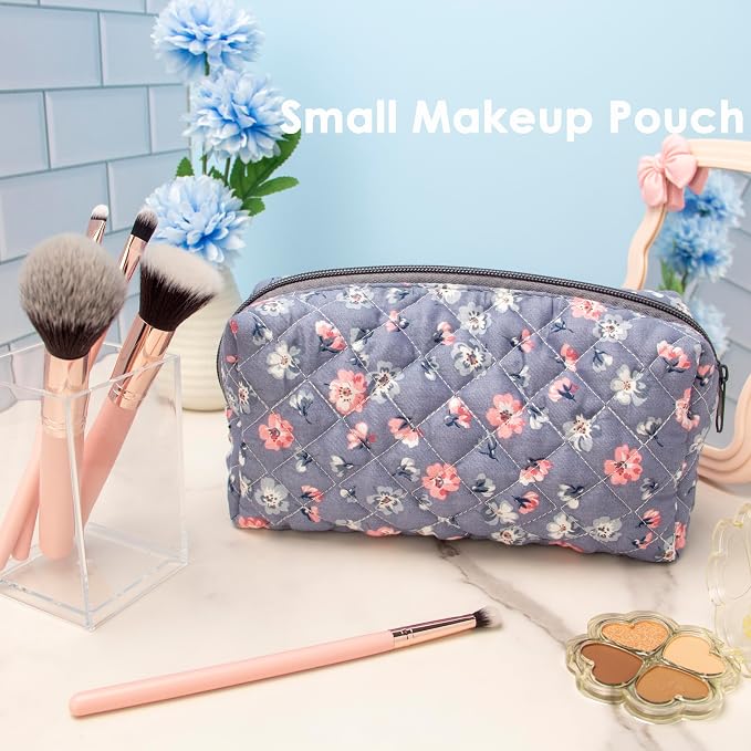 PAZIMIIK Small Quilted Makeup Bag,Zipper Cosmetic Pouch,Grey Floral | Lightweight Cosmetic Bag Organizer for Women,Purse Storage Holds Makeup,Toiletries,Skincare,Beauty Essentials,Travel Items