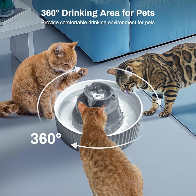 2.1L Ceramic Cat Water Fountain-for Cats and Dogs, 360 Ceramic Pet Fountain-70 Oz Large Water Capacity - Whisper-Quiet Water Flow-Great for Shy or Timid Pets - Fresh, Filtered Water（Grey）
