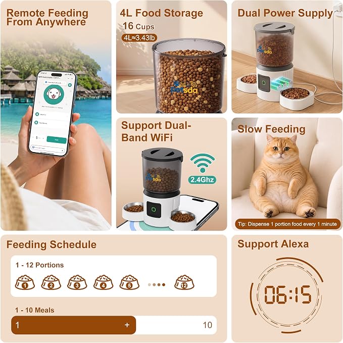 Automatic Cat Feeder for 2 Cats 4L Timed Dry Food Dispenser WiFi 9 Meals Programmable 1-15 Portion Per Day with APP Control Double Bowl Dual Power Supply with 2 Stainless Bowl for Multi-Pet Easy Clean