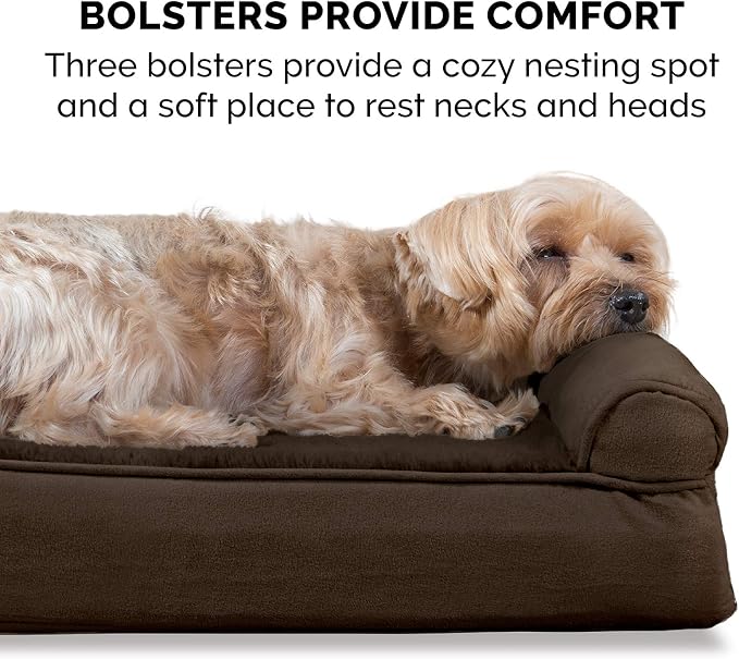 Furhaven Cooling Gel Dog Bed for Large Dogs w/ Removable Bolsters & Washable Cover, For Dogs Up to 125 lbs - Plush & Suede Sofa - Espresso, Jumbo Plus/XXL