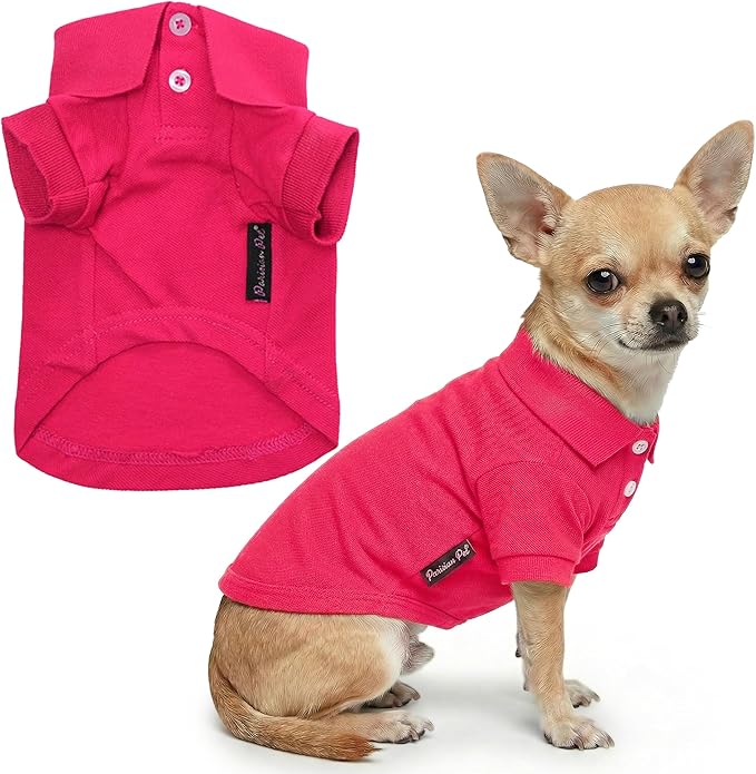 Parisian Pet Dog Polo Shirt – Classic Pink Cotton Pet Apparel with Collar & Buttons - Soft Breathable Puppy T-Shirt - Cute Dog Clothes - Ideal Summer Clothes for Small Dogs - Shirts for Dogs Girl
