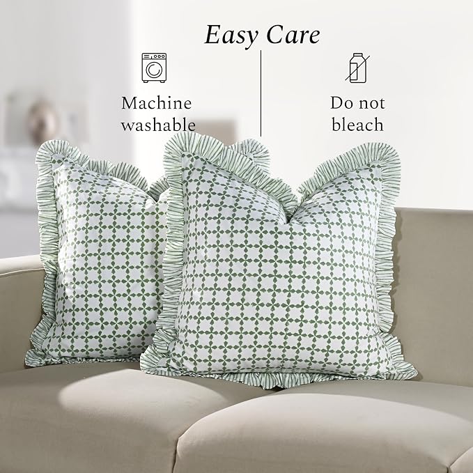 CPC Kelly Green Hand Block Print 100% Cotton Ruffle Throw Pillow Cover 24x24 inch with Hidden Zipper Decorative for Couch, Bed, Sofa, Farmhouse, Cottagecore Decor Gift Christmas Fall Thanksgiving