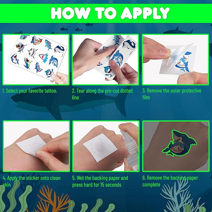 96 PCS Ocean Shark Glow In The Dark Pre-Cut Temporary Tattoos Sticker Sea Animal Birthday Party Decorations Decor Favors Supplies Gifts Boys Girls Cute Fake Tattoo School Reward Themed (Luminous)
