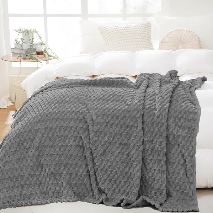 Puncuntex Grey Throw Blanket 90"×90" inches Fuzzy 3D Jacquard Decorative | Flannel Fleece Super Soft Plush Cozy Blanket for Couch Sofa Chair Lightweight