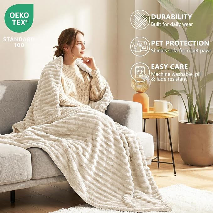 HIMEET Beige Oversized Throw Blanket, 300GSM Ribbed Fleece, 50 x 70 Inches | Ultra Soft Flannel, All-Season Lightweight Warmth, Extra Coverage for Couch Lounging, Home Room Decor, Machine Washable