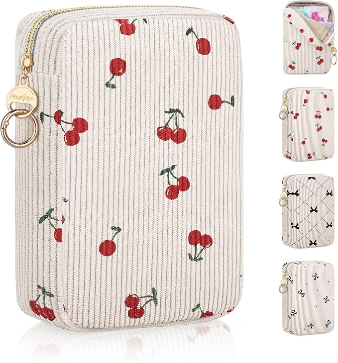Corduroy Tampon Holder for Purse, Cute Rectangle Period Bag with Ring Buckle, Portable Tampon Bag Organizer Case for Feminine Products (Cherry-Beige)