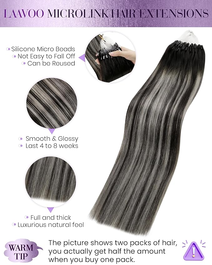 LaaVoo Micro Beads Hair Extensions Ombre Natural Black to Grey Silver Micro Loop Hair Extensions Real Human Hair Balayage Cold Fusion 18 Inch 50g/50s