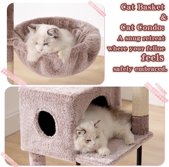 Heybly Cat Tree with Toy, 49.2 inch Cat Tower for Indoor Cats HCT200SMU | Spacious Cat House Condo with Hidden Space，Soft Plush Top Perch，Cozy Hammock and Sisal Scratching Posts, Rosy Brown