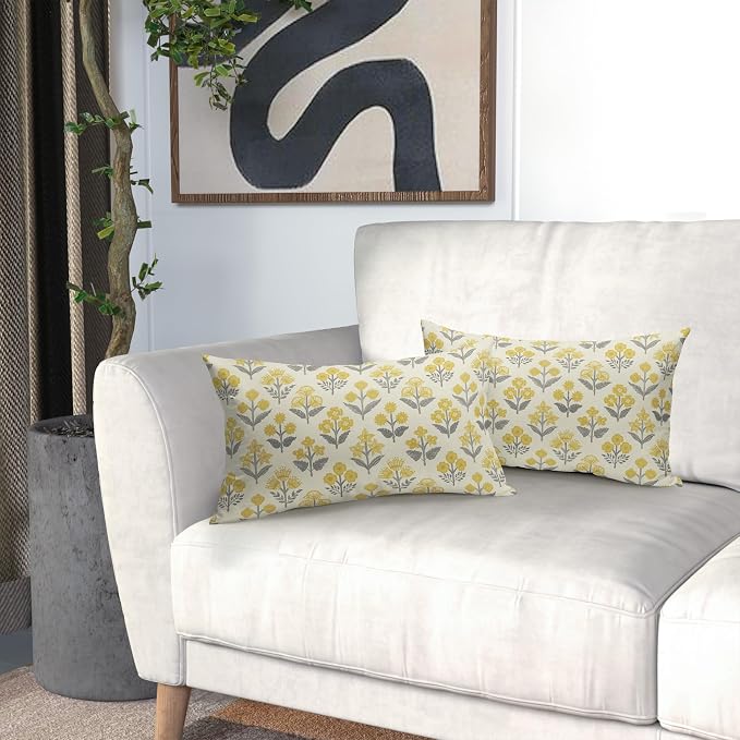 Yellow Grey Gray Floral Pillow Covers 12x20 Inch Set of 2, Block Print Lumbar Flower Cream Decorative Throw Pillowcases Outdoor Farmhouse Rectangle Cushion Covers Spring Summer Sofa Couch Bed Decor
