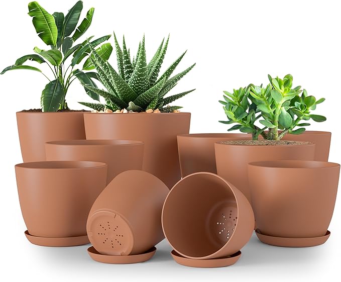 Plant Pots Indoor with Drainage 10 Pack Multi-Size Planters Set Terracotta | Drainage holes included Multiple sizes 7/6.6/6/5.3/4.8 In Indoor plants and flowers Durable plastic construction