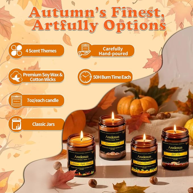 Fall Candle Set – 4 Pack Autumn Seasonal Candle Gift - Scent of Autumn Leaves & Apple Pie,Cinnamon,Pumpkin, 28oz Soy Candles for Home Scente, Christmas Cozy Winter Gifting